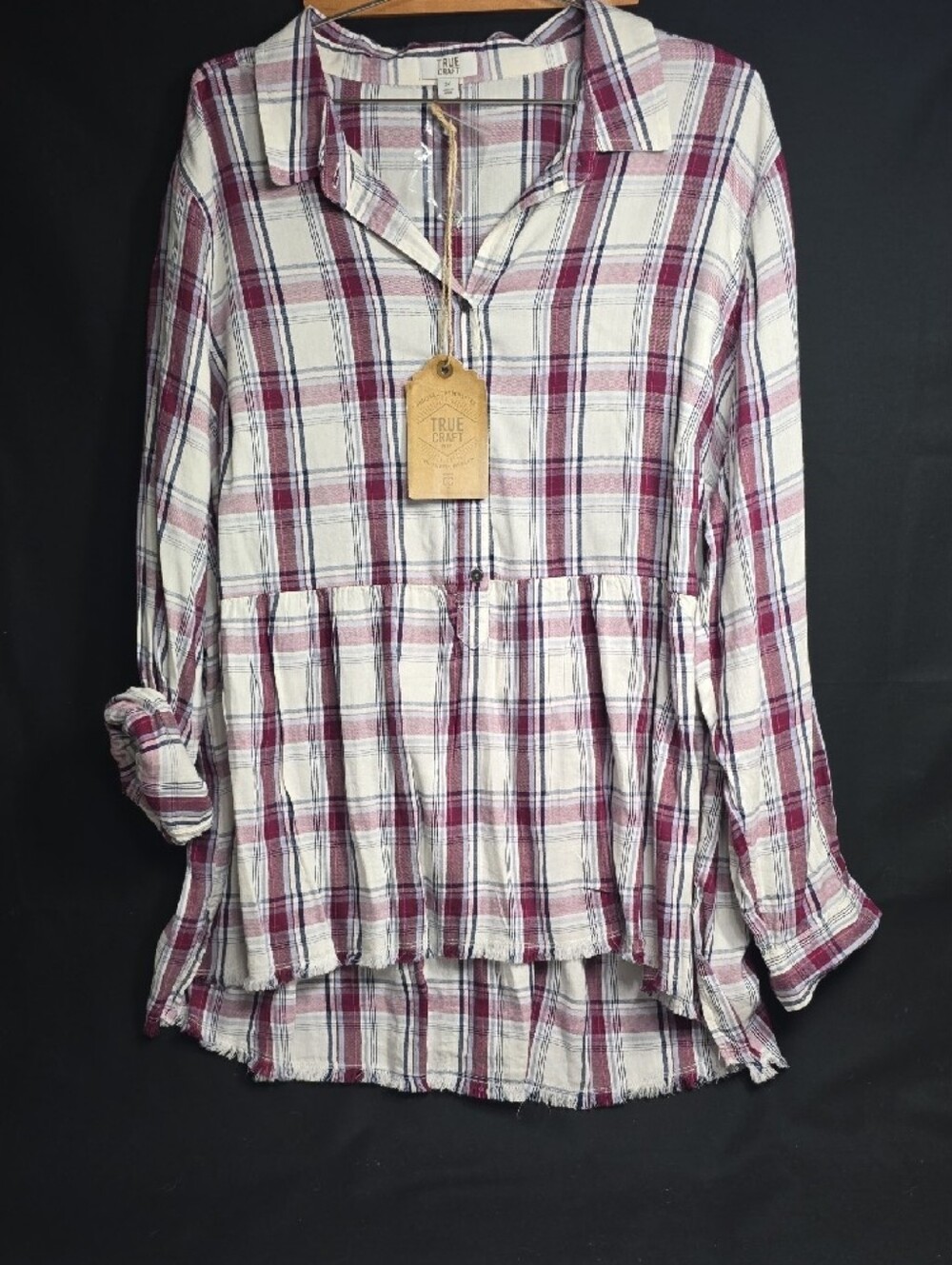 NWT True Craft Burgundy, White, & Navy Plaid Peplum Tunic